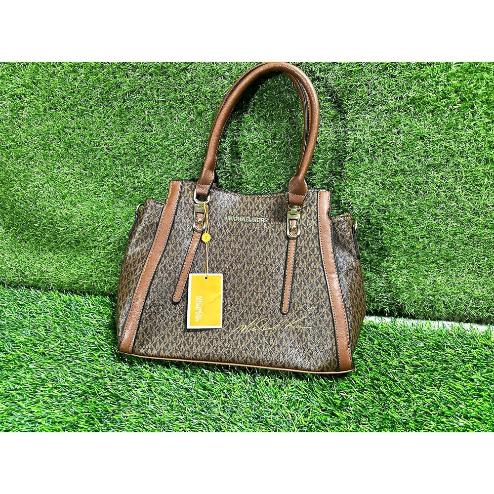 Michael Kors Brown Monogram Satchel Top Handle Zip Gold Hardware Med Strap